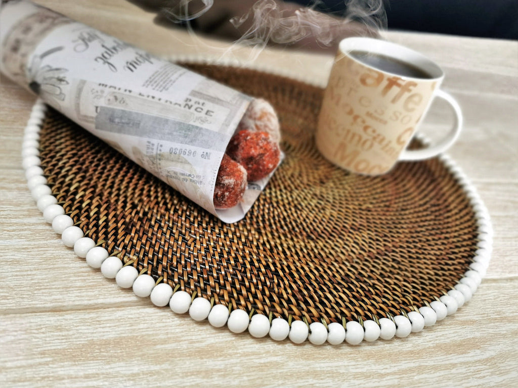 14" Round Placemat With White Wood Beads -Set of 4 - touchGOODS