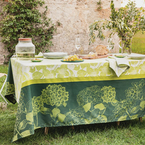 Mille Hortensias Vert Jacquard Coated Cotton Tablecloth - touchGOODS