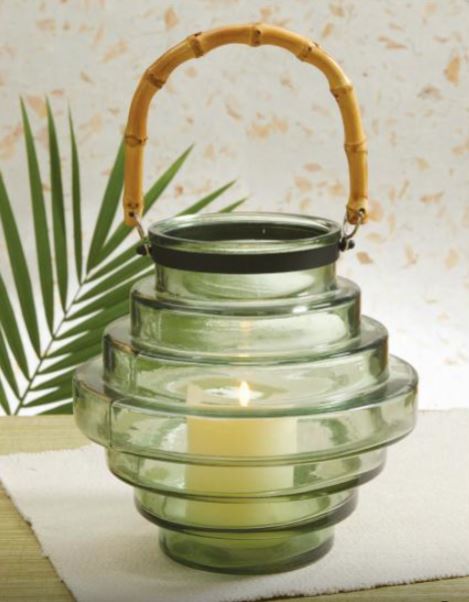 Green Glass & Bamboo Lantern - touchGOODS