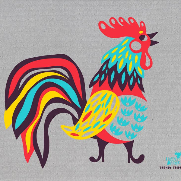 Swedish Dish Cloth Helen Dardik Fancy Rooster on Grey - touchGOODS