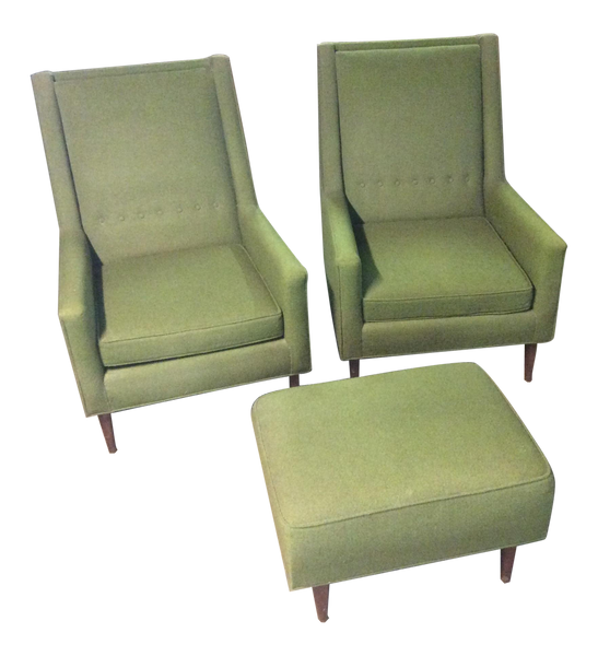 Mid Century Modern Moss Green Tufted Club Chairs & Footrest | touchGOODS