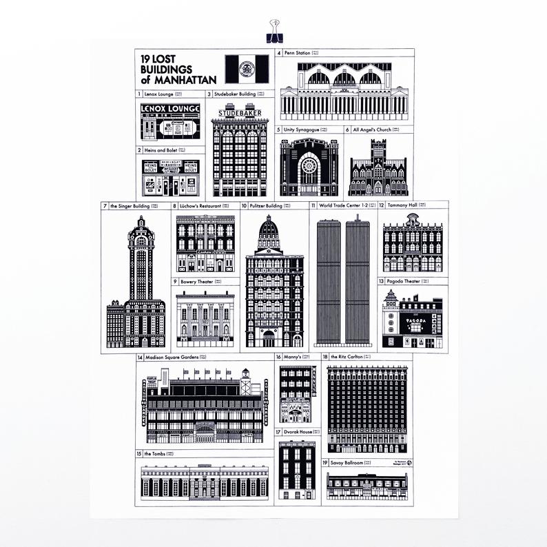 Manhattan Lost Buildings 17x22" Art Print by Raymond Biesinger | touchGOODS
