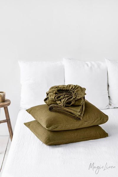 OLIVE GREEN LINEN SHEET SET (4 PCS) - touchGOODS
